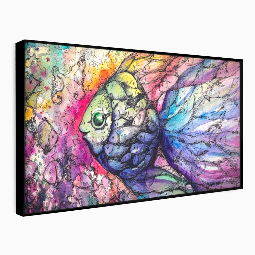 Tablou canvas cu tablou canvas cu peste mare din pesti mici, in rama de aluminiu negru